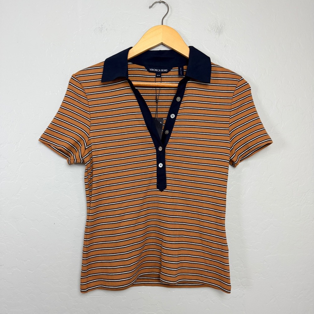 Veronica Beard Jeans Striped Ribbed Polo Shirt Brown Navy Blue Size Medium NWT